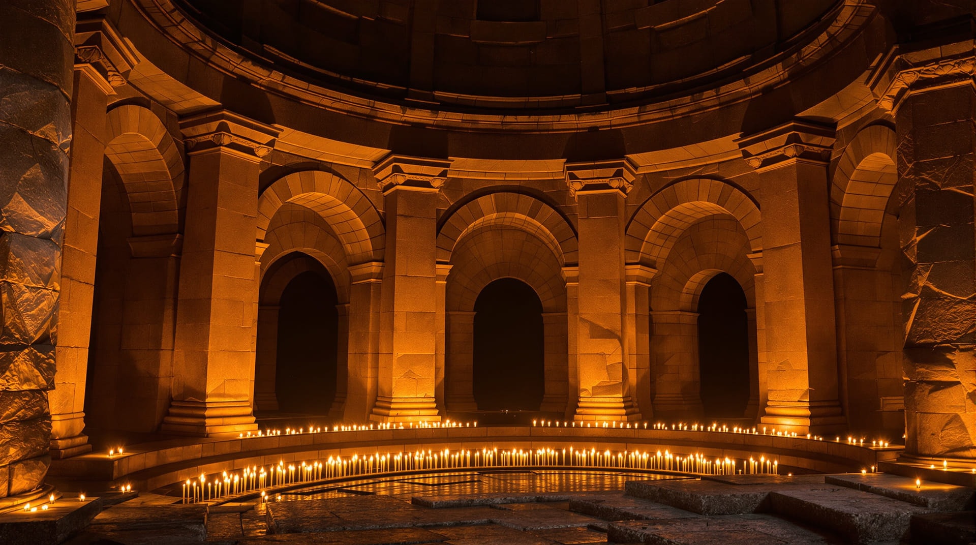 Beeswax tapers burning on a stone ledge inside a dim vaulted rotunda